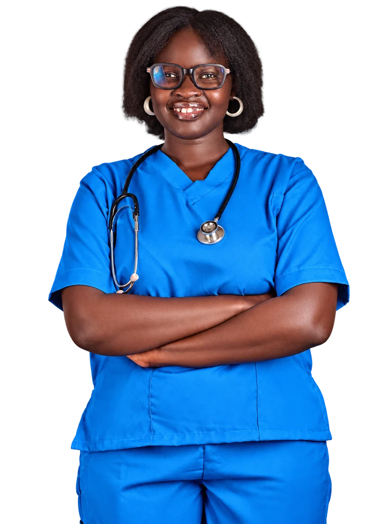 Managing Director and Assistant Nursing Officer in a blue uniform with a stethoscope