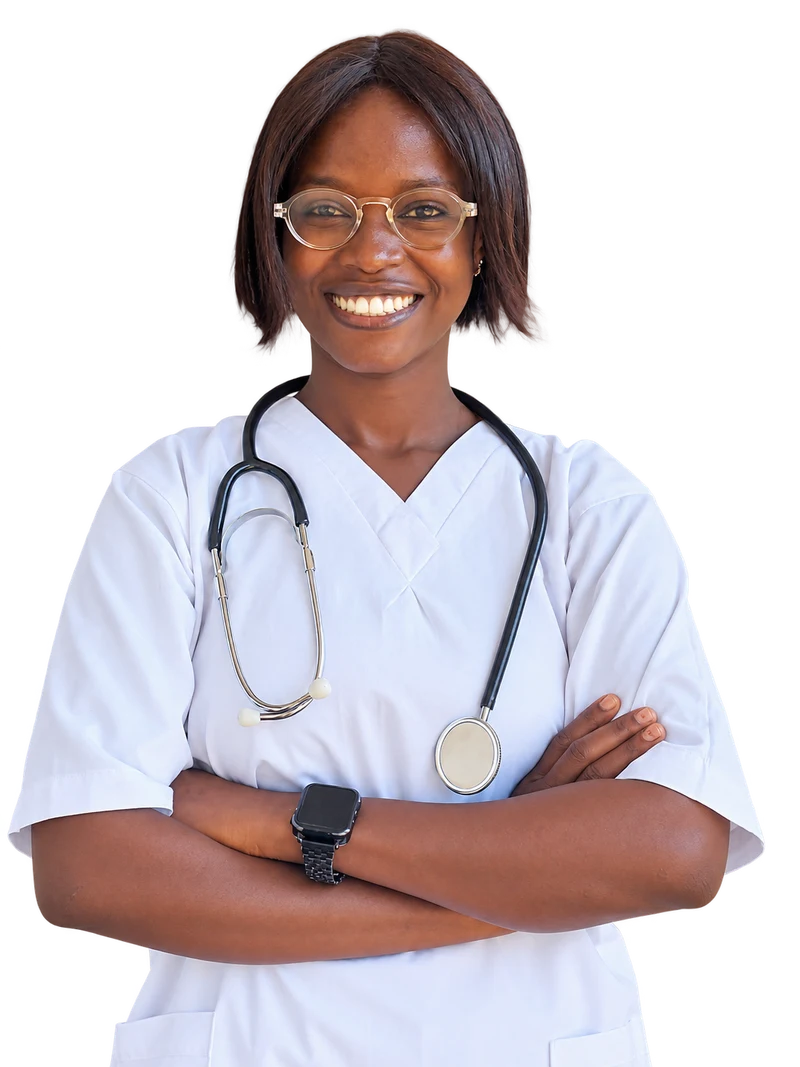 Patiendra Home Nurses staff member in a white uniform, wearing glasses and a stethoscope