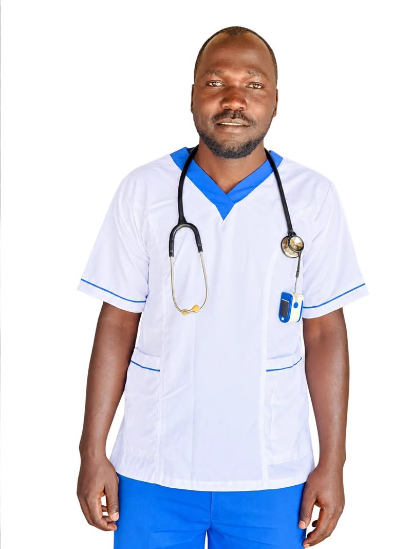 Patiendra Home Nurses staff member in a white and blue uniform with a stethoscope